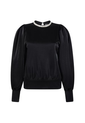 Zwarte satijnen top met lange mouwen, een getailleerde bodice, volumineuze mouwen en een met juwelen versierde kraag, met een discrete sluiting aan de achterkant.