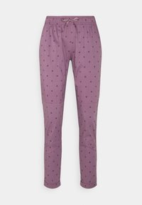 Purple trousers with a drawstring waist, featuring a repeated small patterned design. Made of lightweight fabric with a smooth texture.