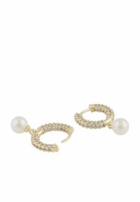 Guldörhängen i form av hoop med en rad klara kristaller, med en vit pärla som hänger från varje hoop. Slät yta och cirkulär form.