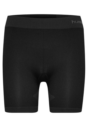 Schwarze nahtlose Kompressionsshorts bis zur Mitte des Oberschenkels mit gestreiftem elastischem Bund und Beinabschlüssen, mit dezentem Belüftungsdetail nahe dem Schritt.