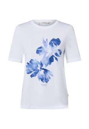 White short-sleeve cotton t-shirt featuring a blue floral print and a round neckline, with subtle branding at the bottom.