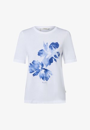 White short-sleeve cotton t-shirt featuring a blue floral print and a round neckline, with subtle branding at the bottom.