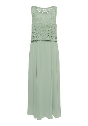 Ärmelloses Maxikleid in Salbeigrün mit einem floralen Spitzen-Crochet-Oberteil und einem fließenden, plissierten Rock.