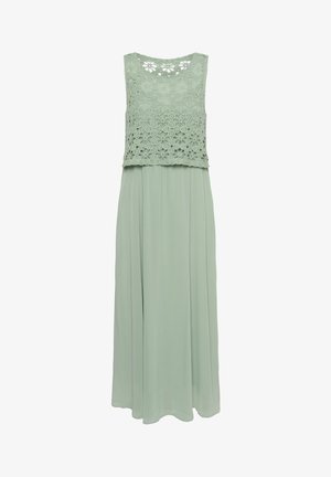 Ärmelloses Maxikleid in Salbeigrün mit einem floralen Spitzen-Crochet-Oberteil und einem fließenden, plissierten Rock.