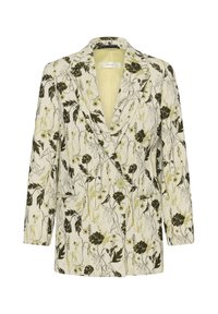 Blazer crème avec motif floral vert et noir, fermeture à un bouton, revers crantés et deux poches avant.