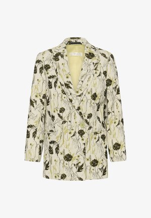 Kreemikas bleiser rohe-rohelise ja musta lillemustriga, ühe nupuga kinnis, sälguga krae ja kahe eesmise taskuga.