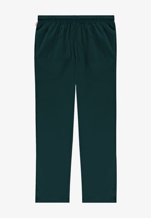 Tapered donker teal broek gemaakt van lichtgewicht stof, met een elastische tailleband en zijzakken voor functionele draagbaarheid.