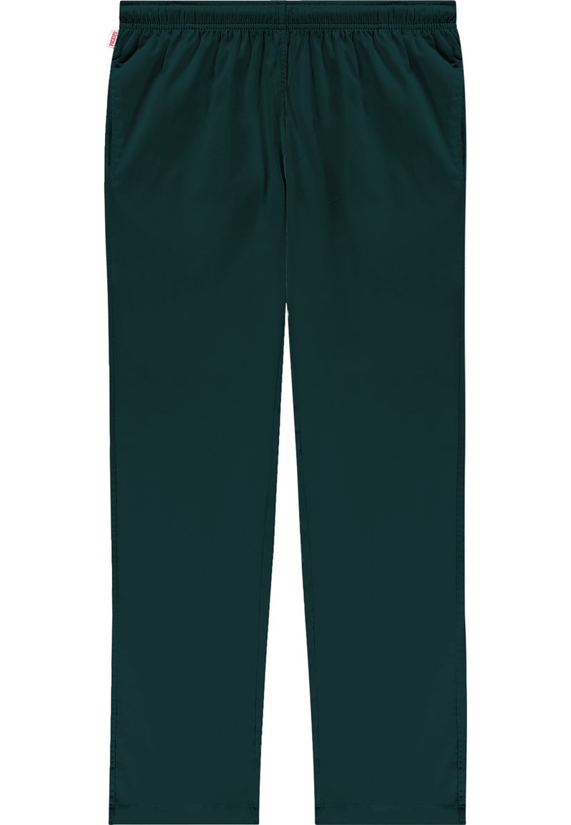 Wąskie spodnie w ciemnym odcieniu morskim, wykonane z lekkiego materiału, z elastycznym pasem i bocznymi kieszeniami dla funkcjonalności.