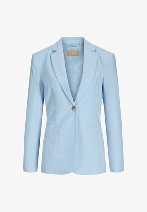 Lichtblauwe damesblazer met subtiele krijtstrepen, sluiting met één knoop, revers met inkeping en twee voorzakken met bies.