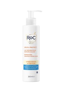 White plastic bottle with a pump dispenser, labeled "RoC Soleil-Protect," containing 200 ml of refreshing skin restoring milk.