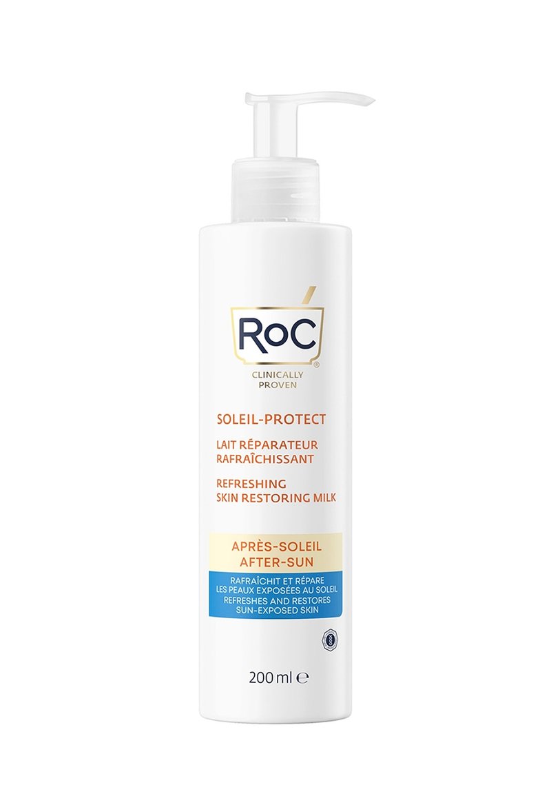 White plastic bottle with a pump dispenser, labeled "RoC Soleil-Protect," containing 200 ml of refreshing skin restoring milk.