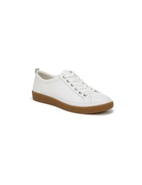 Sneakers bianchi con tomaia in pelle liscia, punta tonda e sistema di allacciatura; presentano una suola in gomma colorata e un accento argentato sul tallone.
