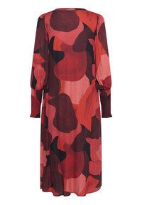 Rotes und schwarzes gemustertes Kleid mit Ballonärmeln, lockerer Passform und strukturierten Akzenten an den Ärmelbündchen. Glatter Stoff, knielang.