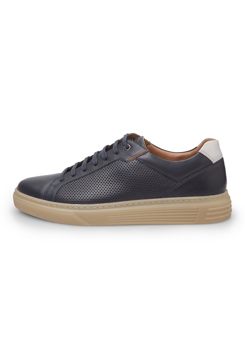 Leather sneaker in dark navy with perforated design, subtle gray accents, beige rubber sole, and black laces. Features a classic low-profile shape.