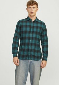 Koszula flanelowa w kratę w kolorze morskim i czarnym, z designem na guziki, długimi rękawami i ostrym kołnierzykiem. Miękka faktura, casualowy styl.