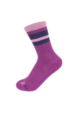 Purple sock with pink and dark blue horizontal stripes near the cuff, ribbed texture, and "TRAIL" text on the toe area.