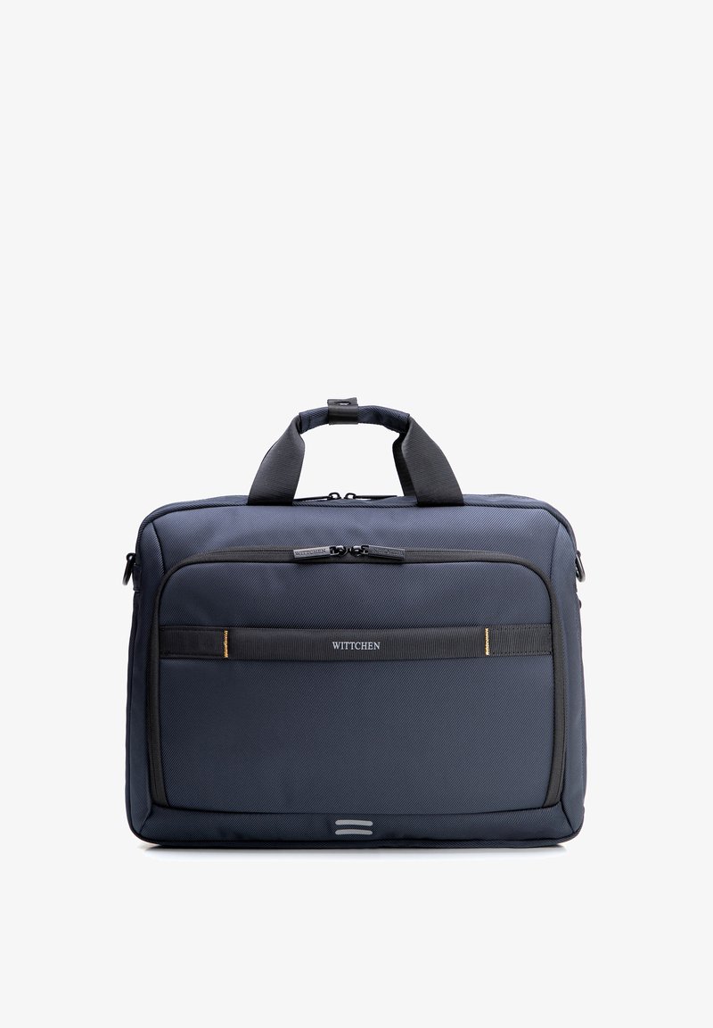 Donkerblauwe zachte aktetas met dubbele handvatten, voorvak met ritssluiting, zwarte biezen en het "WITTCHEN"-logo op de voorste horizontale band.