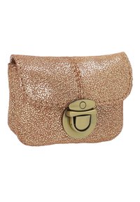 Compact, copperkleurige leren tas met een gestructureerde, gevlekte afwerking, omgevouwen flap en een messing sluiting.