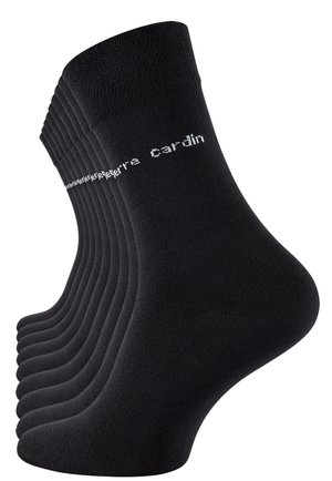 Schwarze Baumwollsocken in einer Reihe präsentiert, mit verstärkter Ferse, glatter Textur und weißem Logo-Text nahe der Oberkante.