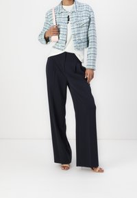 Persoon met een lichtblauwe geklede jas met patroon, witte shirt, zwarte wijde broek, beige hakken en een lichtroze handtas over de schouder.