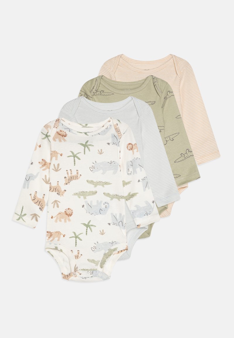 Quatro bodies de bebé de manga longa: um branco com estampados de animais, um azul acinzentado, um verde-oliva e um bege com riscas. Material de algodão suave.