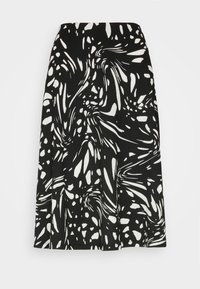Falda a la altura de la rodilla en blanco y negro con un patrón abstracto en espiral, fabricada con tejido texturizado y un diseño de corte recto.