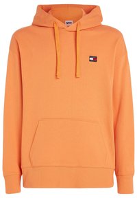 Oranje capuchontrui gemaakt van een katoenmix, met een buidelzak en een klein logopatch op de borst. Zachte textuur, geribbelde boorden.