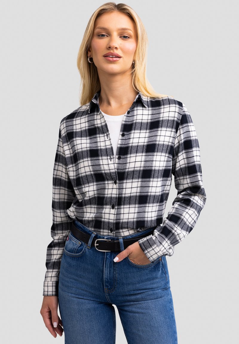 Schwarz-weißer karierten Hemd mit Knopfleiste, langen Ärmeln und Kragen, kombiniert mit hoch taillierten blauen Jeans und einem schwarzen Gürtel.