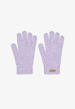 Guantes de punto morados con un acabado texturizado y puños acanalados. Una pequeña etiqueta de cuero con la palabra "PARTS" está cosida en la muñeca.