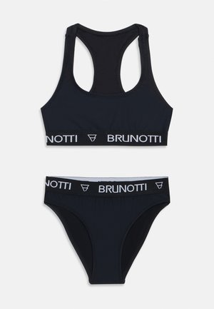Mustmustärane bikiin komplekt, millel on rinnanukke taust ja madal talje. Mõlemal on kontrastsed valged "BRUNOTTI" logo ribad. Sile tekstuur.