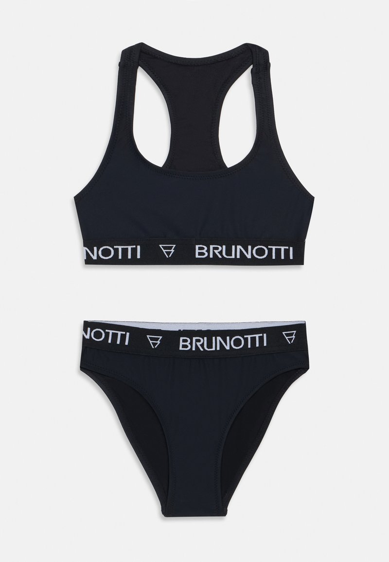 Črn bikini set, ki vključuje top z dirkaškim hrbtom in nizko pasom. Oba imata kontrastne bele pasove z logotipom "BRUNOTTI". Gladka tekstura.