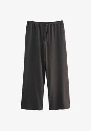 Pantalones de pierna ancha en gris oscuro, fabricados con una tela suave y ligera. Cuentan con una cintura elástica con cordón y bolsillos laterales.