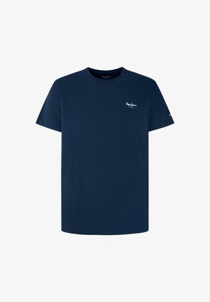 Tumši zils īsroku T-krekls ar apaļu kaklu, uz kreisā krūtīm neliels balts "Pepe Jeans London" logotips un uz kreisās piedurknes neliela karoga etiķete.