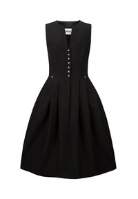 Black sleeveless dress with a fitted bodice, six silver buttons down the front, and a flared skirt. Polka dot lining at the neckline.