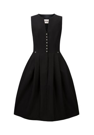 Schwarzes ärmelloses Kleid mit körpernahem Oberteil, sechs silbernen Knöpfen auf der Vorderseite und einem ausgestellten Rock. Pünktchenfutter am Halsausschnitt.