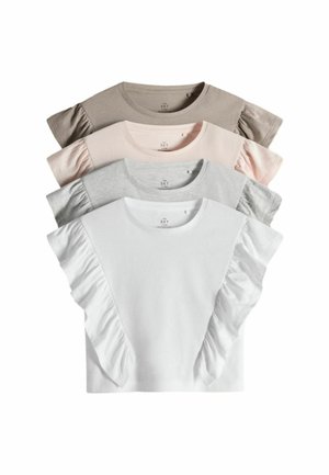Štyri dlhšie tričká pre dievčatá s krátkym rukávom v bielej, svetlosivej, svetloružovej a béžovej farbe, každé s volánikovými rukávmi a okrúhlym výstrihom.