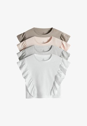 Neli tütarlaste lühikese varrukaga tuba valges, helehallis,hele- roosas ja beežis, igaühel volditud varrukad ja ümarad kaelused.