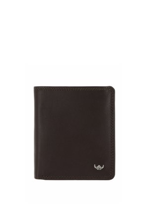 Dunkelbraune Leder-Bifold-Brieftasche mit sichtbaren Nähten und kleinem silbernem Logo in der unteren rechten Ecke auf weißem Hintergrund.