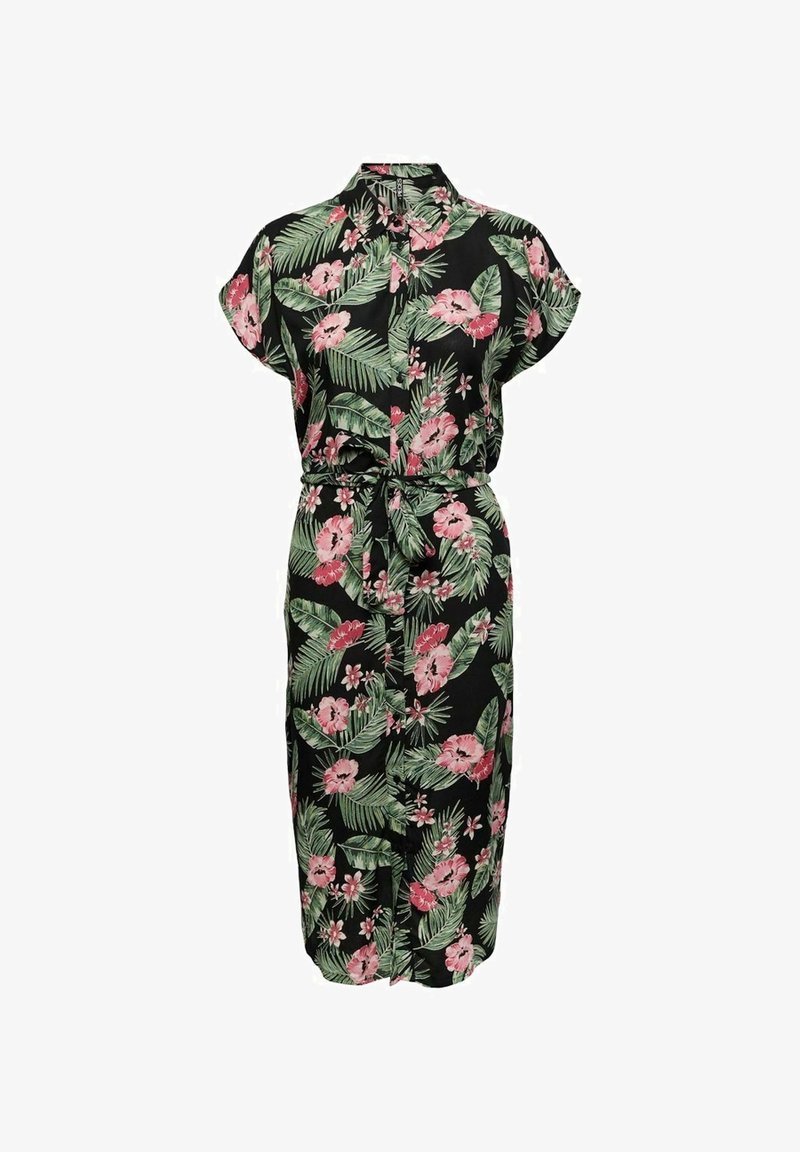 Schwarzes Blumenkleid mit kurzen Ärmeln, einer Frontknopfverschluss, einem gebundenen Taillengürtel und leuchtend rosa Blumen mit grünen Blättern.