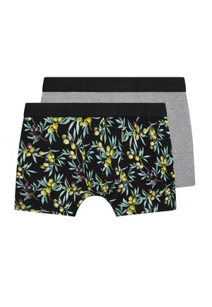 Deux paires de boxers pour hommes avec ceintures noires ; l’un uni gris clair, l’autre noir avec un motif de branche d’olivier vert et jaune.