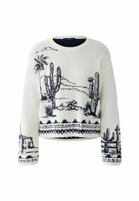 Witte trui met een marineblauw cactus- en woestijnlandschapontwerp, voorzien van een ronde halslijn en lange mouwen met bijpassende patroonmanchetten.