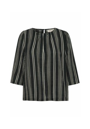 Čierny top s bielymi vertikálnymi pruhmi, okrúhly výstrih, 3/4 rukávy a otvor na chrbte so zapínaním na gombík. Mäkko štruktúrovaná tkanina.