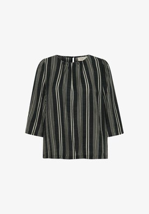 Črna majica z belimi navpičnimi črtami, okroglo izrezano ovratnik, 3/4 rokavi in zaključek z gumbom na zadnji strani. Mehka, teksturirana tkanina.