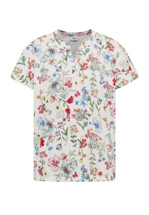 Witte blouse met korte mouwen met kleurrijke bloemenprint, ronde halslijn en gedeeltelijke knoopsluiting.