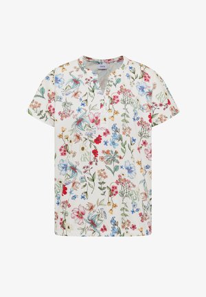 Witte blouse met korte mouwen met kleurrijke bloemenprint, ronde halslijn en gedeeltelijke knoopsluiting.