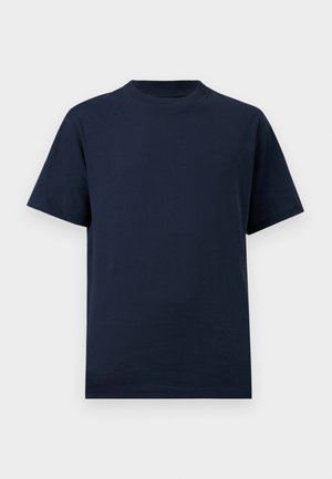 Mörkblå bomulls T-shirt med rundad halsringning, korta ärmar och rak nederkant, med en mjuk textur och utan synliga mönster eller dekorationer.