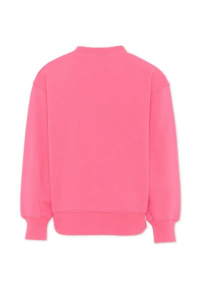 Sweat-shirt à manches longues rose vif avec col rond, poignets et ourlet côtelés, vu de dos sur fond blanc.