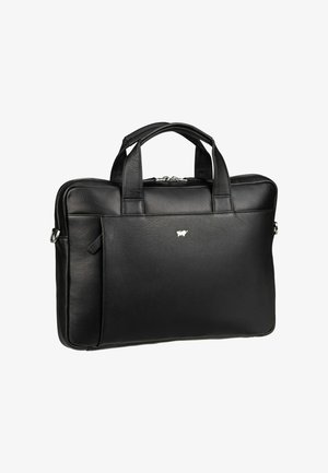 Schwarze Leder-Laptoptasche mit zwei oberen Griffen, einem Reißverschluss und einer Fronttasche. Mit einem kleinen silbernen Logo an der Seite.