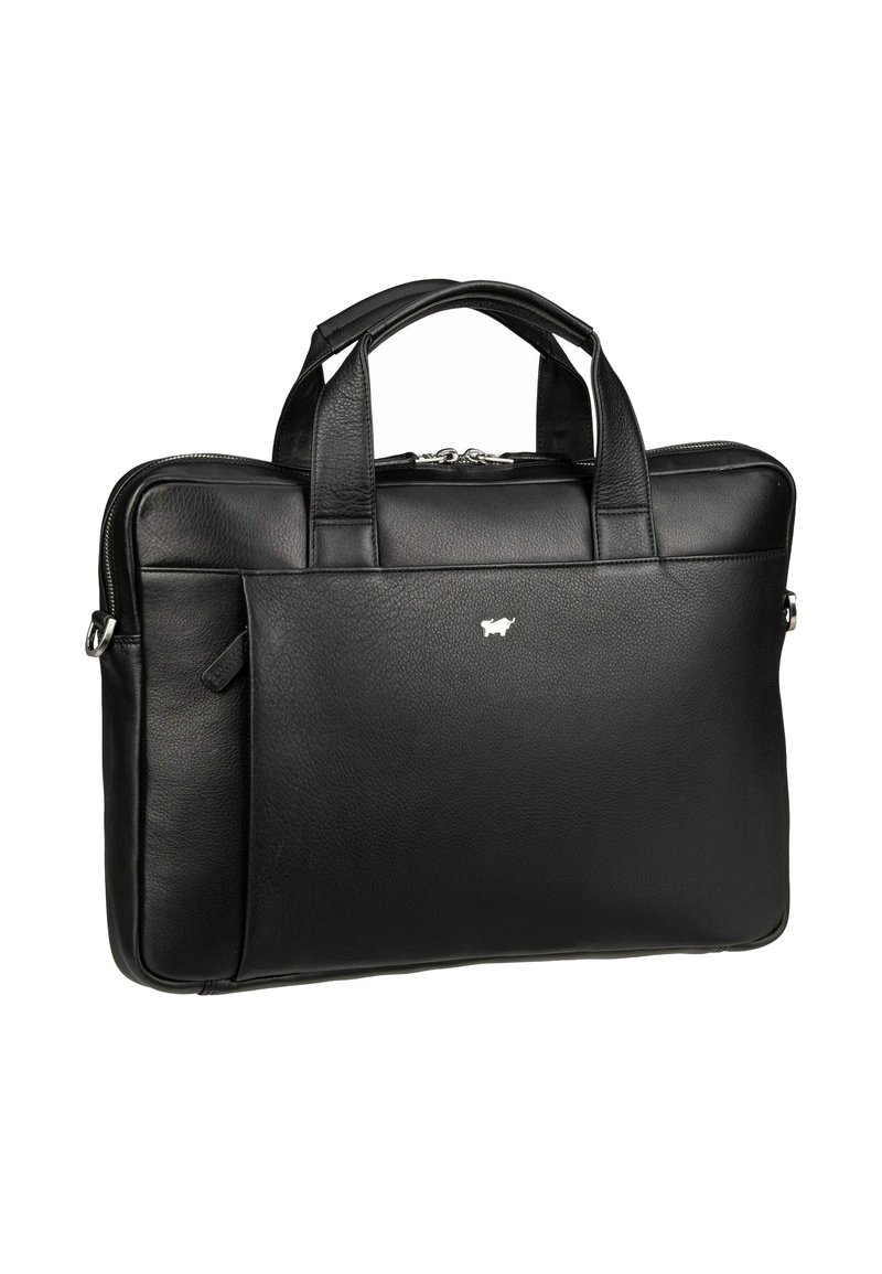 Black leather laptop bag with two top handles, a zip closure, and a front pocket. Features a small silver logo on the side.