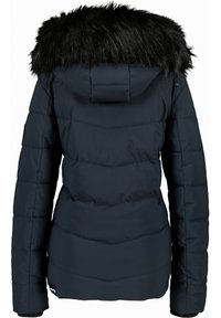 Navy puffer jacket with a detachable black faux fur hood, featuring chevron quilted design and long sleeves with elastic cuffs.